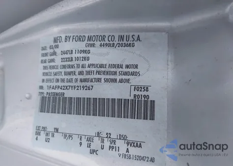 2000 Ford Mustang Gt from USA, damaged, VIN 1FAFP42X7YF219267